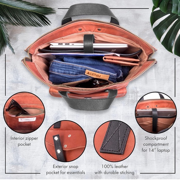 ORNA'S • Red Cognac Leather Backpack Bag Chic Contemporary - Picture 3 of 6